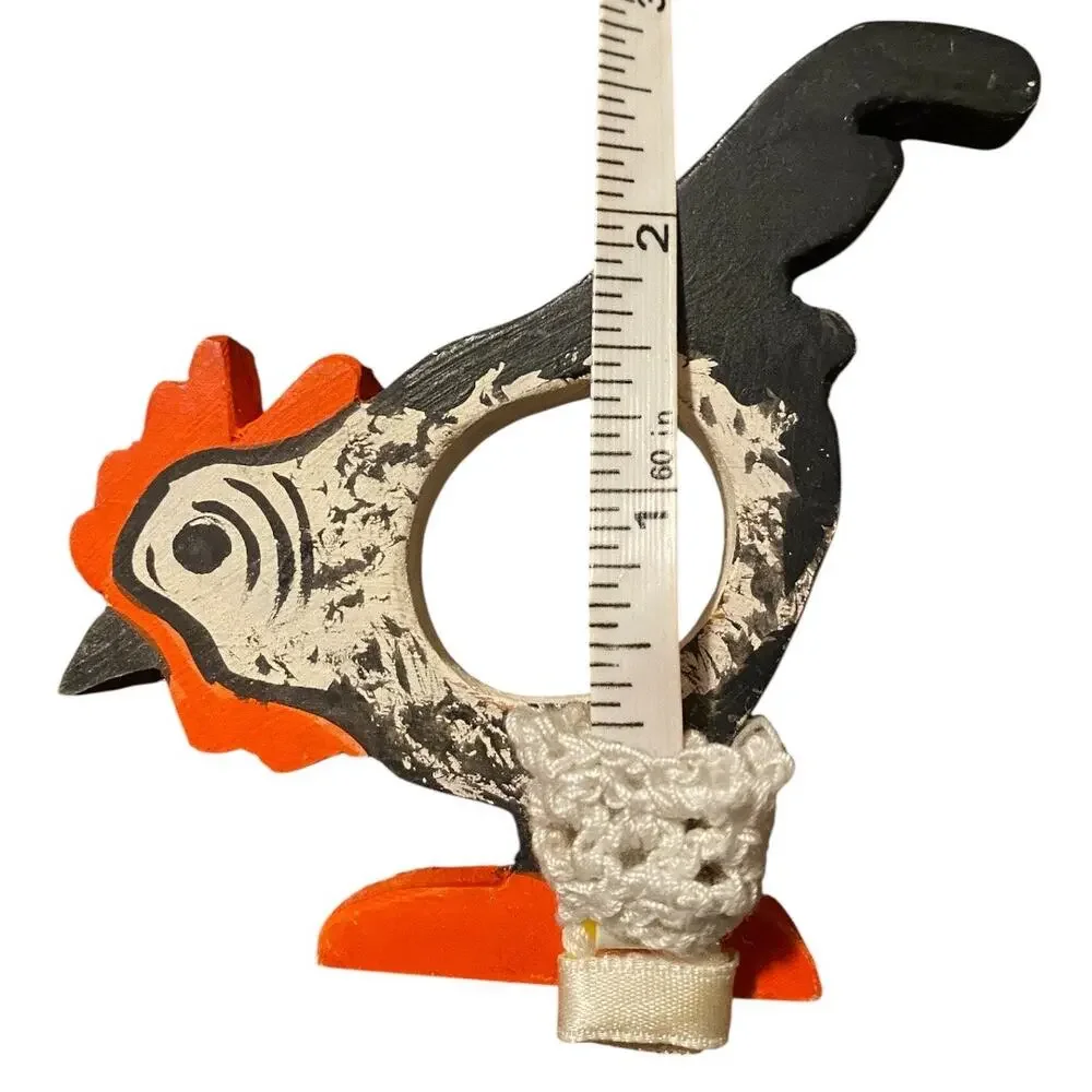 Set of 4 Vintage Wooden Hand Painted Roosters Napkin Rings Country Living Decor